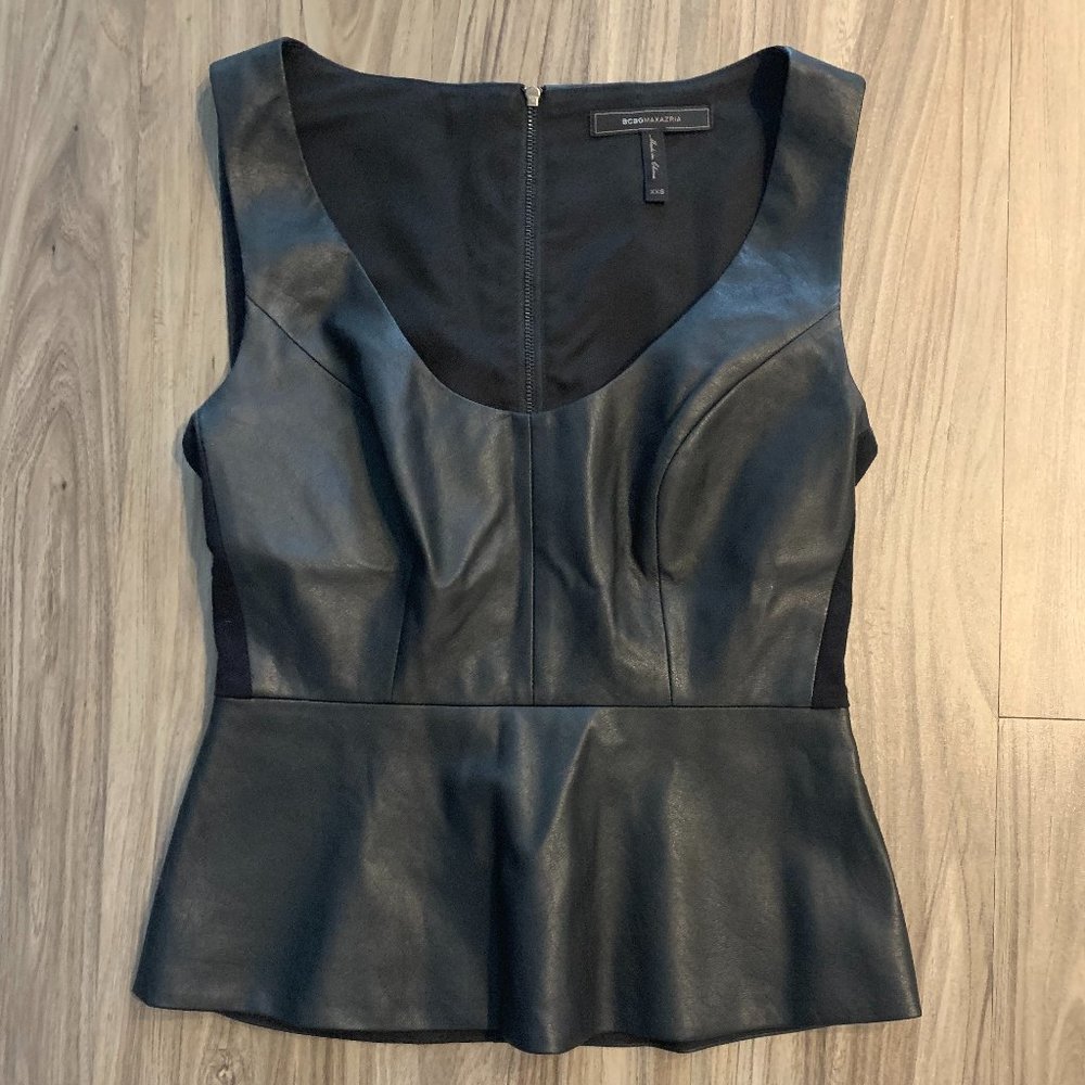 BCBGMaxAzria Pleather Peplum Top